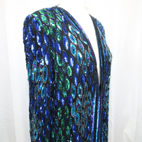Vintage Sequin Embellished Peacock Jacket Art Deco Blue Green Purple - Picture 4 of 11